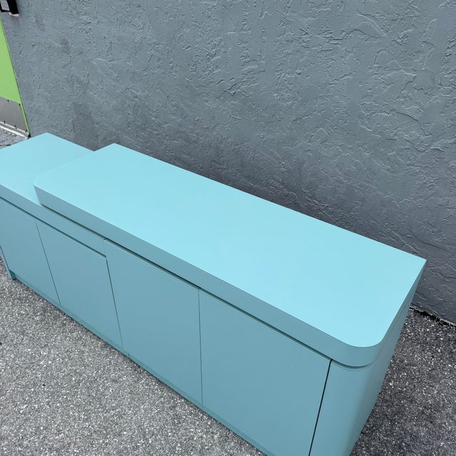 Wood Postmodern Sky Blue Matte Laminate Credenza With Gold Accent For Sale - Image 7 of 9