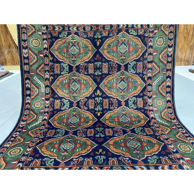 Green & Navy Blue Geometric Tribal Wool Area Rug, 5' X 6'7" For Sale - Image 6 of 16
