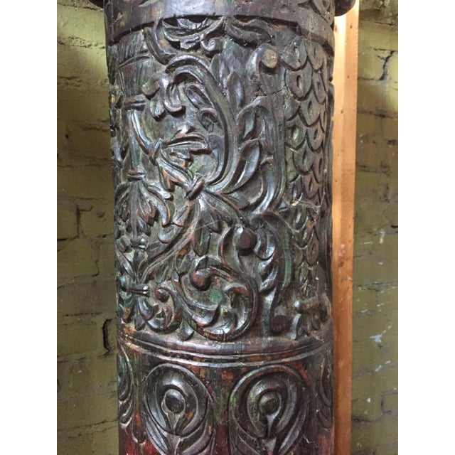 1930s Vintage Painted and Heavily Carved Teak Wood Columns With Lions - a Pair For Sale - Image 6 of 13