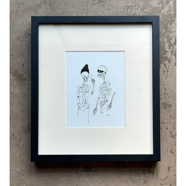 Late 20th Century Vintage Boho Original Ink Sketch of Skeletons on Paper For Sale - Image 5 of 5