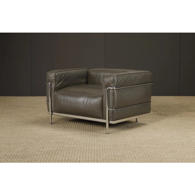 Early Year Grey Leather 'Lc3' Club Chairs by Le Corbusier for Cassina, Signed For Sale - Image 12 of 18