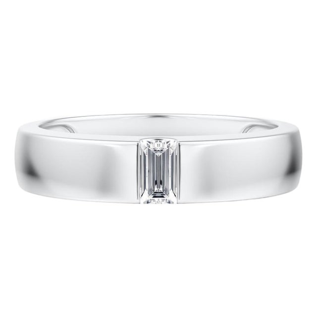Tension Set Platinum Wedding band with Emerald Cut diamond For Sale