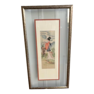 Vintage Chinese Watercolor Framed Art Geisha Girl Burning Incense
