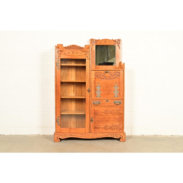 Antique Victorian Oak Side-by-Side Bookcase With Drop Front Secretary Desk, Circa 1900 For Sale - Image 14 of 14