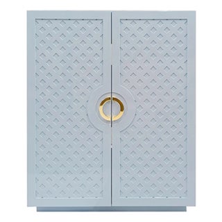 Matthew Izzo Home Poppy Light Blue Lacquer Two Door Cabinet With Lattice Design and Brass Door Pulls For Sale