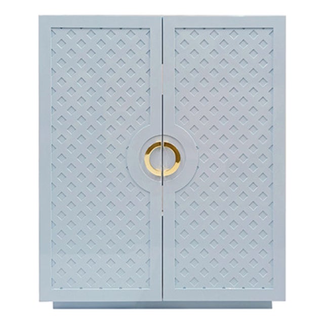 Matthew Izzo Home Poppy Light Blue Lacquer Two Door Cabinet With Lattice Design and Brass Door Pulls For Sale