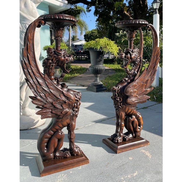 Wood 19th Century Rare Monumental Pair of Hand-Carved Griffin Pedestal Stands in Dark Wood For Sale - Image 7 of 12