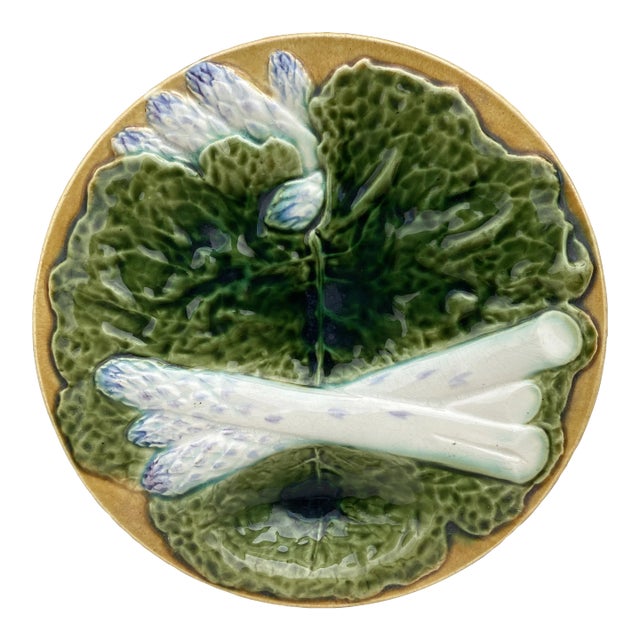 19th Century Majolica Asparagus Plate With Cabbage Leaves Creil & Montereau For Sale