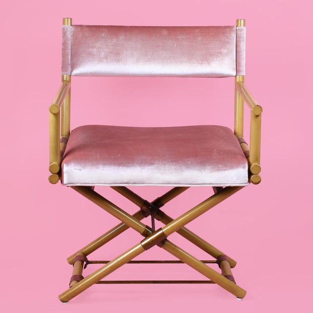 Mid-Century Modern Vintage Faux Bamboo Director's Chair With Blush Velvet Upholstery For Sale - Image 3 of 4