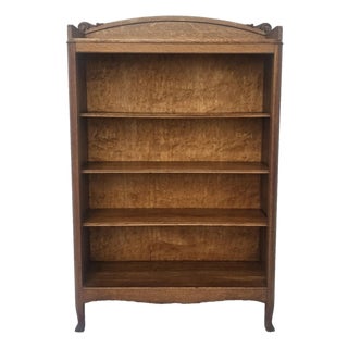 Antique Mission Quarter Sawn Tiger Oak Narrow Open Bookcase With Birdseye Maple Back, c.1900 For Sale