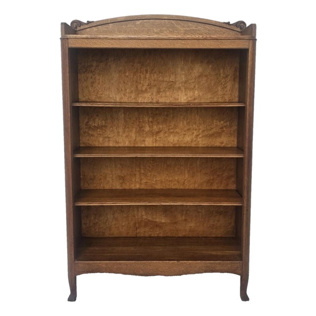 Antique Mission Quarter Sawn Tiger Oak Narrow Open Bookcase With Birdseye Maple Back, c.1900 For Sale