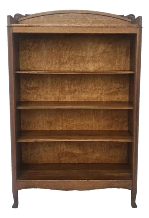 Antique Mission Quarter Sawn Tiger Oak Narrow Open Bookcase With Birdseye Maple Back, c.1900
