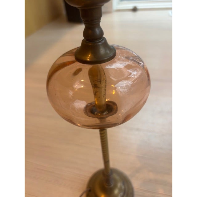 Late 19th Century Late 19th Century Victorian Brass Table Lamp With a Decorative Peach Colored Globe For Sale - Image 5 of 6