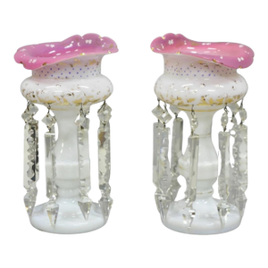 Antique Czech Victorian Bohemian Pink White Mantel Lusters Lustres - A Pair