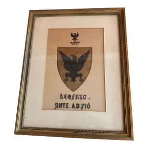 Framed Aristocratic Family Crest Leofric Mercia With Black Eagle and Gold Shield