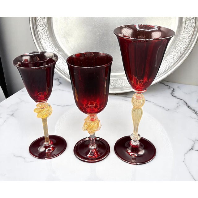 Venetian Ruby ​​and Gilt Murano Glass Goblets, Set of 3 For Sale - Image 10 of 13