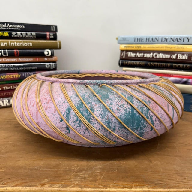 Late 20th Century Large Pink and Blue Pastel Ceramic Bowl with Woven Design For Sale - Image 4 of 12