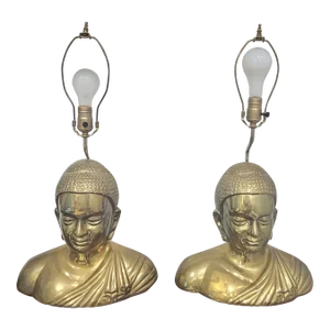 Pair of Large Chinese Bronze Buddha Bust Table Lamps