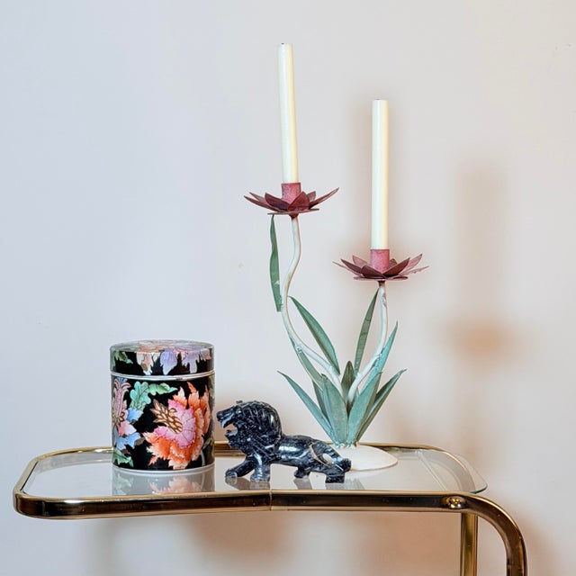 Metal Vintage Tole Lotus Flower 2-Arm Candelabra For Sale - Image 7 of 7