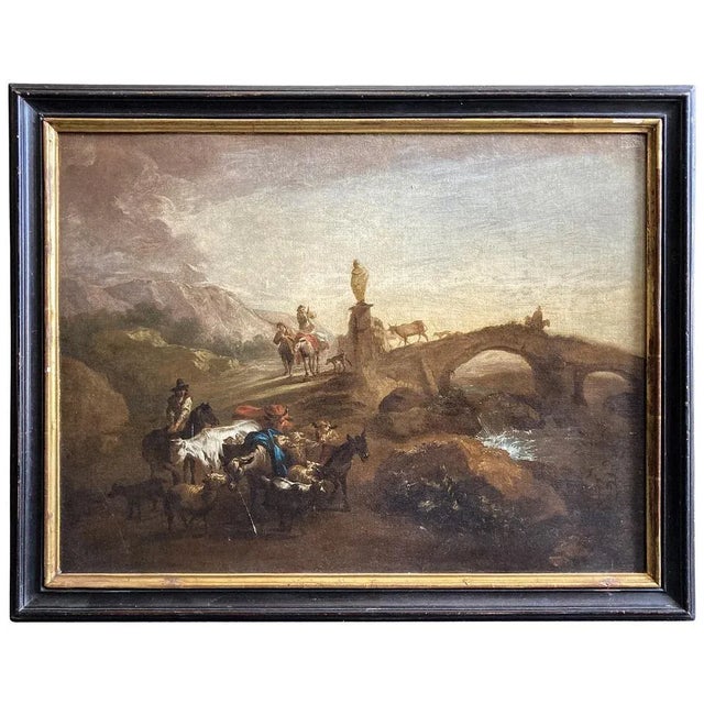 Oil on canvas painting within a black lacquered and gilded wooden frame, depicting a "Latin Landscape with Wayfarers and...