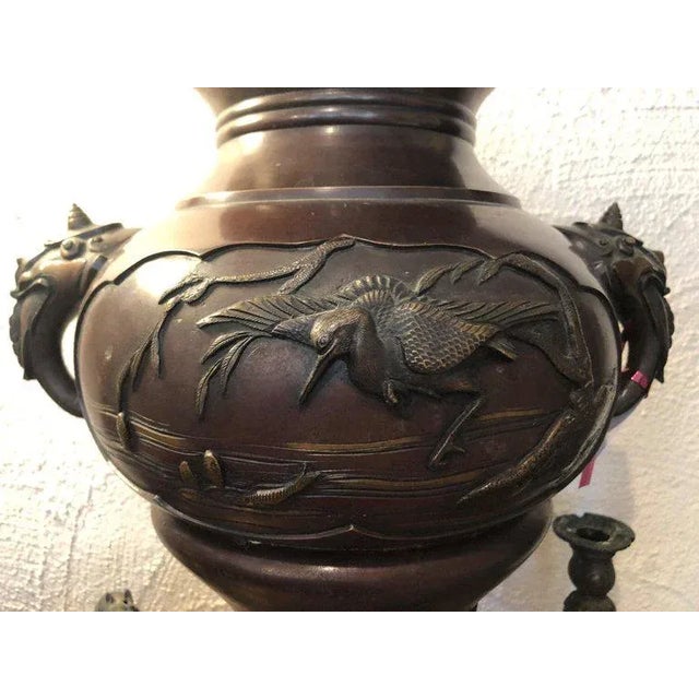 Meiji Period Bronze Twin Handled Urn With Decoration For Sale - Image 12 of 13