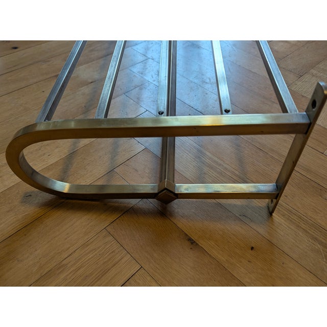 Large, elegant wall-mounted coat rack in Bauhaus/Art Deco style, Germany circa 1920s-30s, with 10 sliding hooks, brass,...