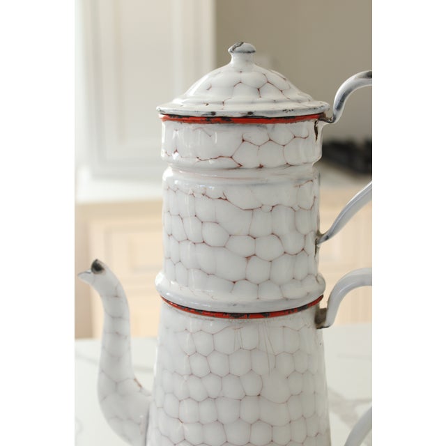 1920's French Graniteware coffee maker/pot. We love it's rare raised honeycomb pattern, this is especially unique. There...