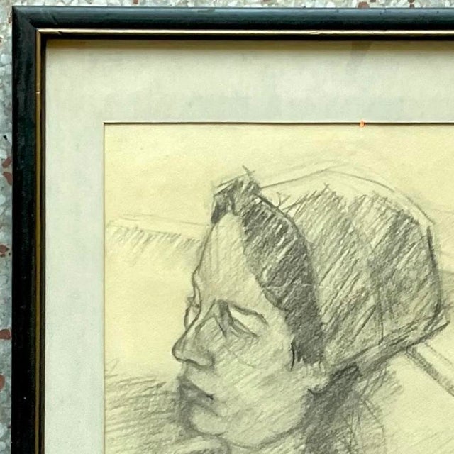 Mid 20th Century Vintage Pencil Sketch of Woman in Hat For Sale In West Palm - Image 6 of 13