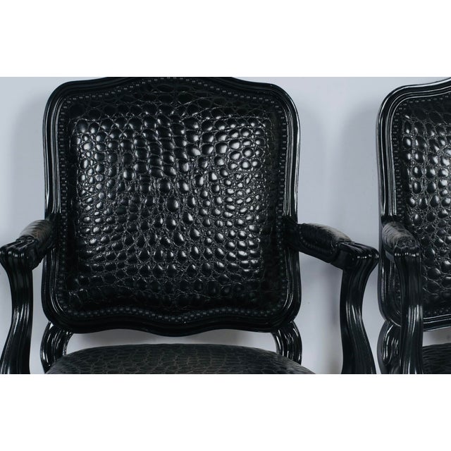 Wood Black Faux Crocodile & Glossy Black Louis XV Style Armchairs — A Pair For Sale - Image 7 of 10