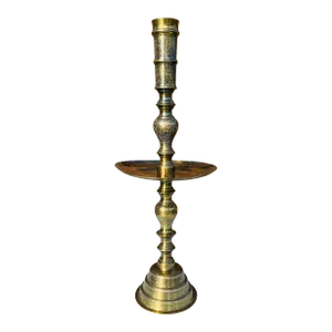 Vintage Etched Moroccan Brass Alter Floor Candle Holder