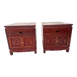 1960s Vintage Matching Nightstands Hand Carved Rosewood Drawer and Cabinet - a Pair