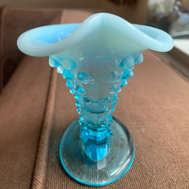 Fenton Art Glass Company Small Vintage Blue and Opalescent Hobnail Glass Cornucopia Horn For Sale - Image 4 of 13