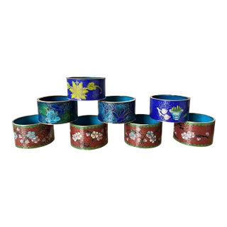 Vintage 1970s Floral Cloisonné Napkin Rings in Red and Blue, Set of 8 For Sale