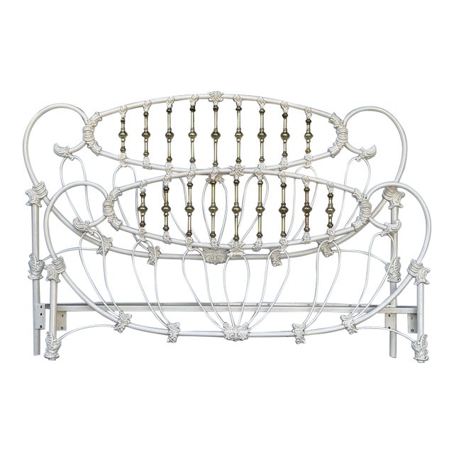 Vintage Elliotts Design White Enameled King Headboard & Footboard Bed No Rails For Sale
