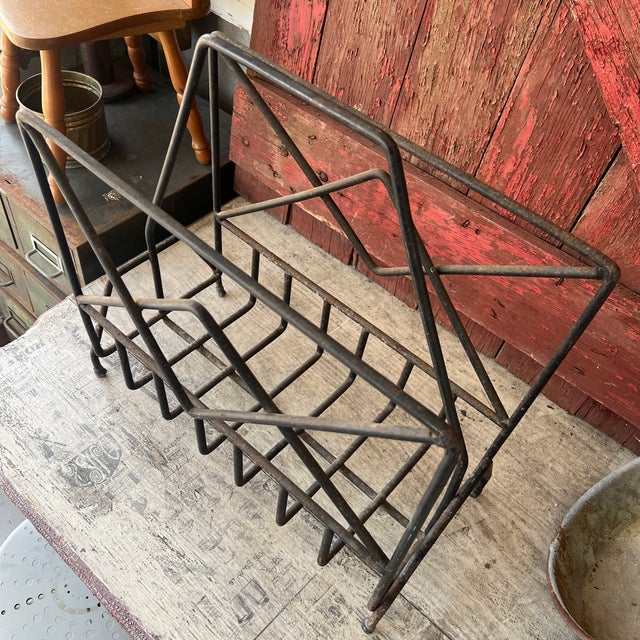 Vintage Industrial Black Metal Magazine Rack/Log Holder Geometric Wire Design For Sale - Image 4 of 10