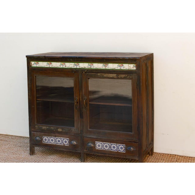 Indian Antique Goa Colonial Tile & Glass Cabinet For Sale - Image 3 of 9