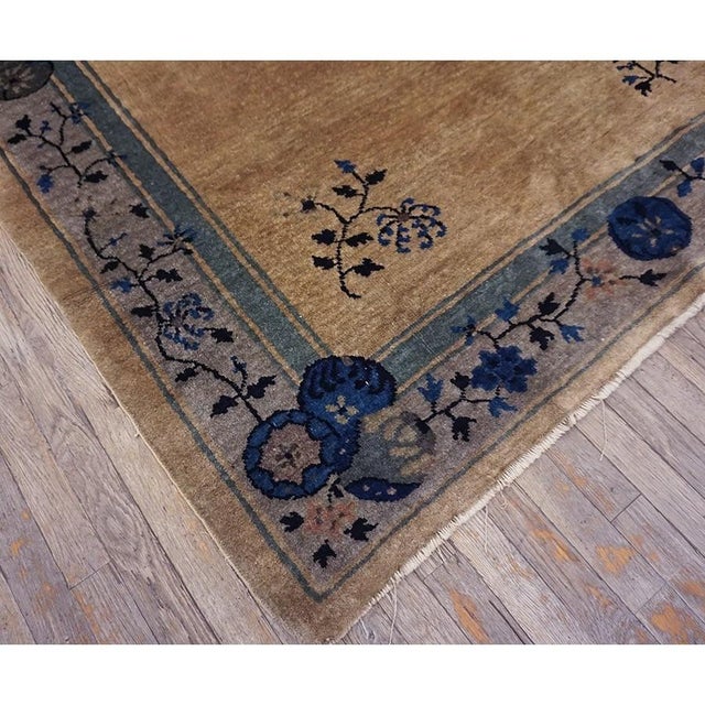 1920s 1920s Tan Beige Color With Great Blue Florid Design Antique Chinese Peking Rug For Sale - Image 5 of 10