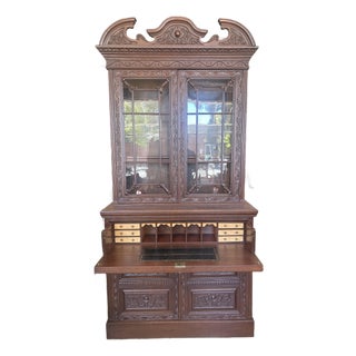 Monumental 19th Century French Henry Il Style Carved Oak Hunt Cabinet / Desk - 1 Piece For Sale
