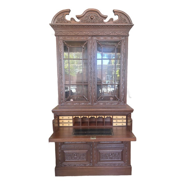Monumental 19th Century French Henry Il Style Carved Oak Hunt Cabinet / Desk - 1 Piece For Sale