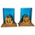 Pair of antique American Art Deco cast brass and blue glass vase bookends, by Bradley and Hubbard, circa 1925. The heavy...