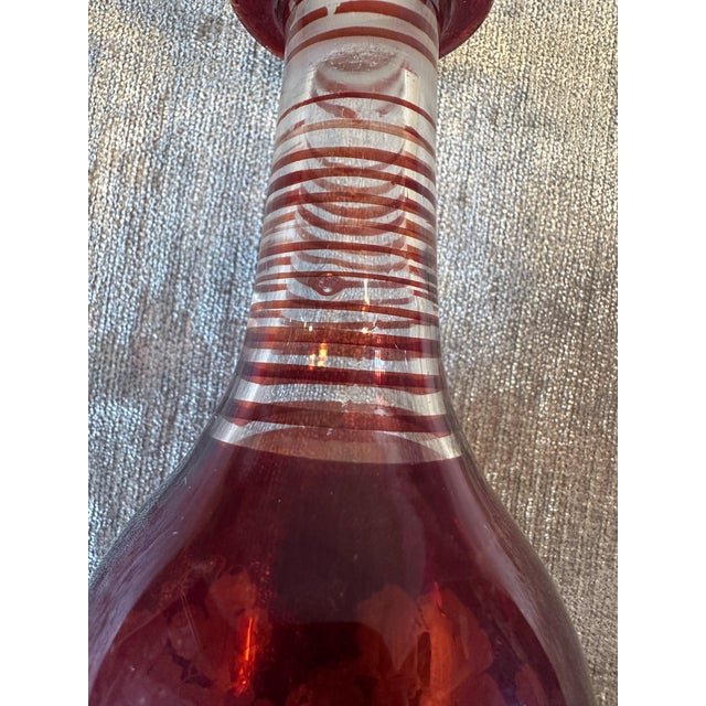 Antique Red Cranberry Glass & White Etched Grapes & Leaves Oil/Vinegar Cruet/ Bottle For Sale - Image 9 of 10