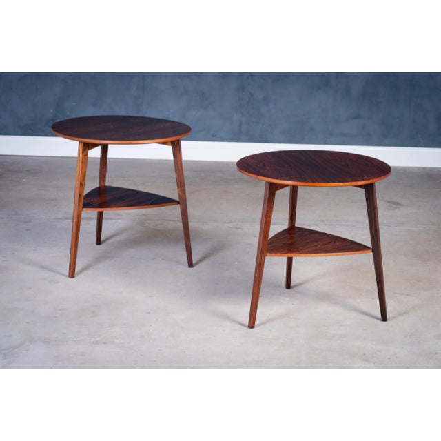 Beautifully restored pair of round side tables designed by Holger Georg Jensen and produced by Kubus in Denmark during the...