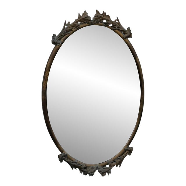 Italian Solid Brass Oval Wall Mirror Vintage Decorative Hanging Mirror For Sale