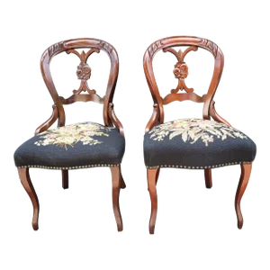 Victorian Mahogany & Floral NeedlePoint Upholstered Seat Chairs With NailHead Trims