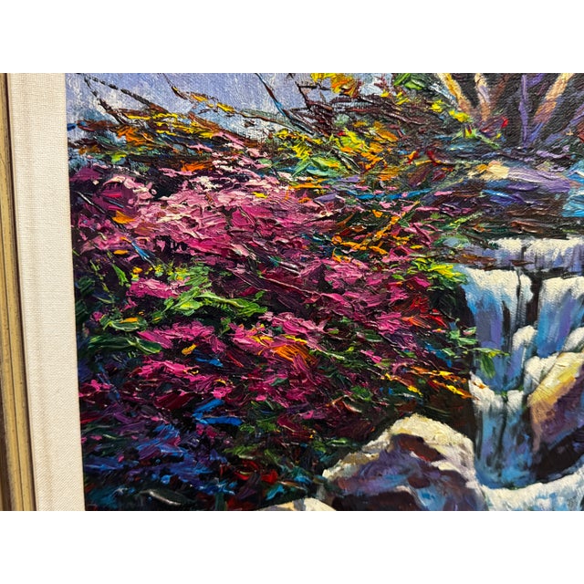Contemporary Marko Mavrovich (B. 1960) "Tranquil Koi Pond & Waterfall" Original Heavy Impasto Oil – Framed, 1996 For Sale - Image 3 of 4