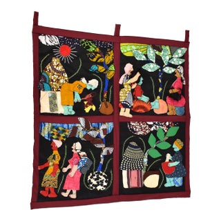 Early 20th Century Weya 4 Panel Story Quilt Village Life For Sale
