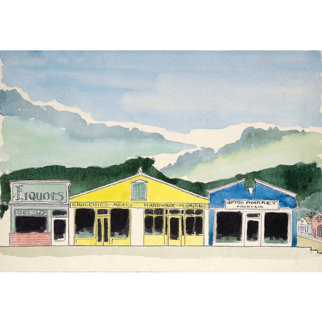 Beautiful mid century watercolor of stores in Aptos, California by listed artist Jon Blanchette (American, 1908-1987)....