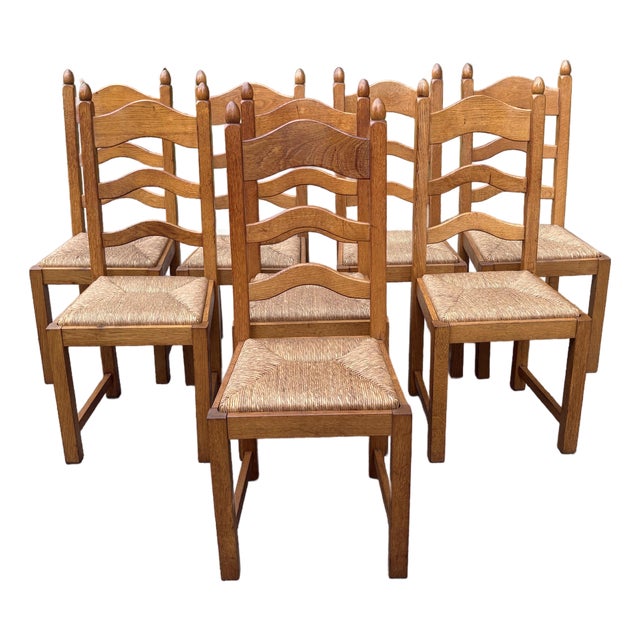 Vintage French Country Ladder Back Dining Chairs With Rush Seats - Set of 8 For Sale