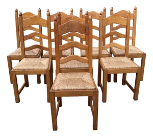 Vintage French Country Ladder Back Dining Chairs With Rush Seats - Set of 8
