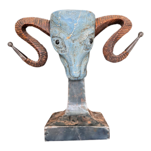 Vintage Turquoise Tone Unique Ram Head Sculpture on Base